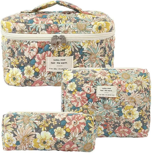 Women'S Cute Cotton Floral Quilted Makeup Bag Set Coquette Flowers Large Travel Cosmetic Bag Set of 3 (Daisy)