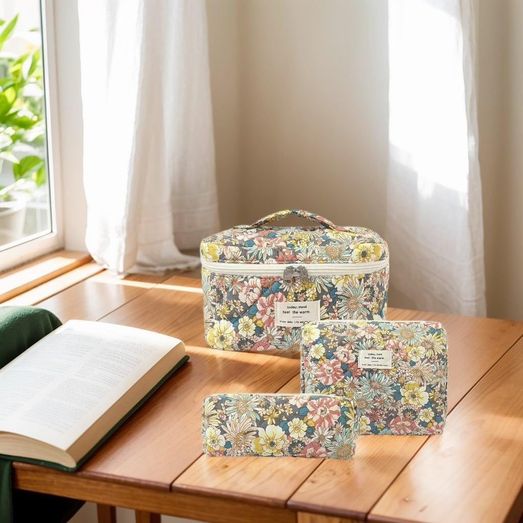 Women'S Cute Cotton Floral Quilted Makeup Bag Set Coquette Flowers Large Travel Cosmetic Bag Set of 3 (Daisy)